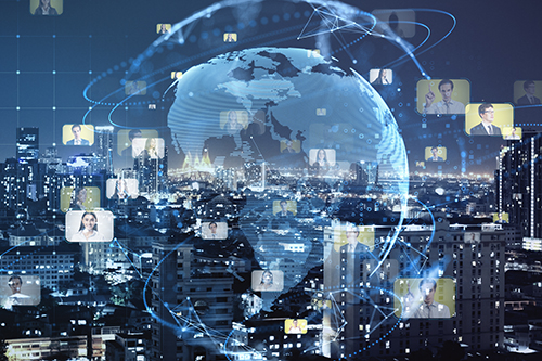 Cityscape with a blue earth hologram and small rectangles of NJ NCR company employees surrounding earth